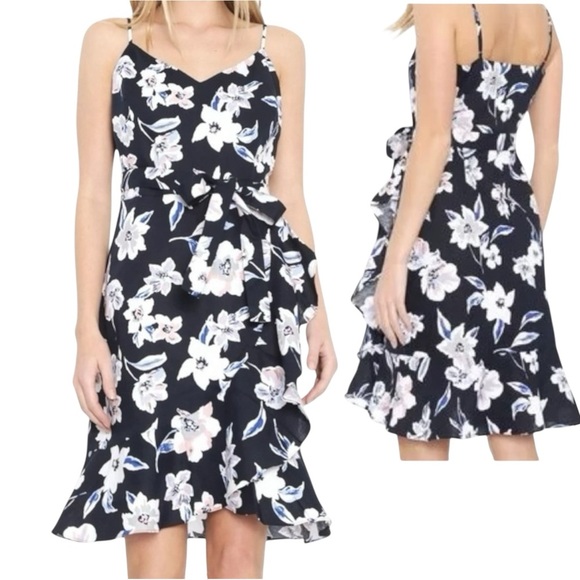 BANANA REPUBLIC Navy Blue Floral Wrap Dress Linen Blend Sleeveless Mini Small 4 - Picture 1 of 10